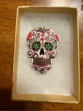White Sugar Skull Decorative brooch with Green and Pink Accents and tree brooch